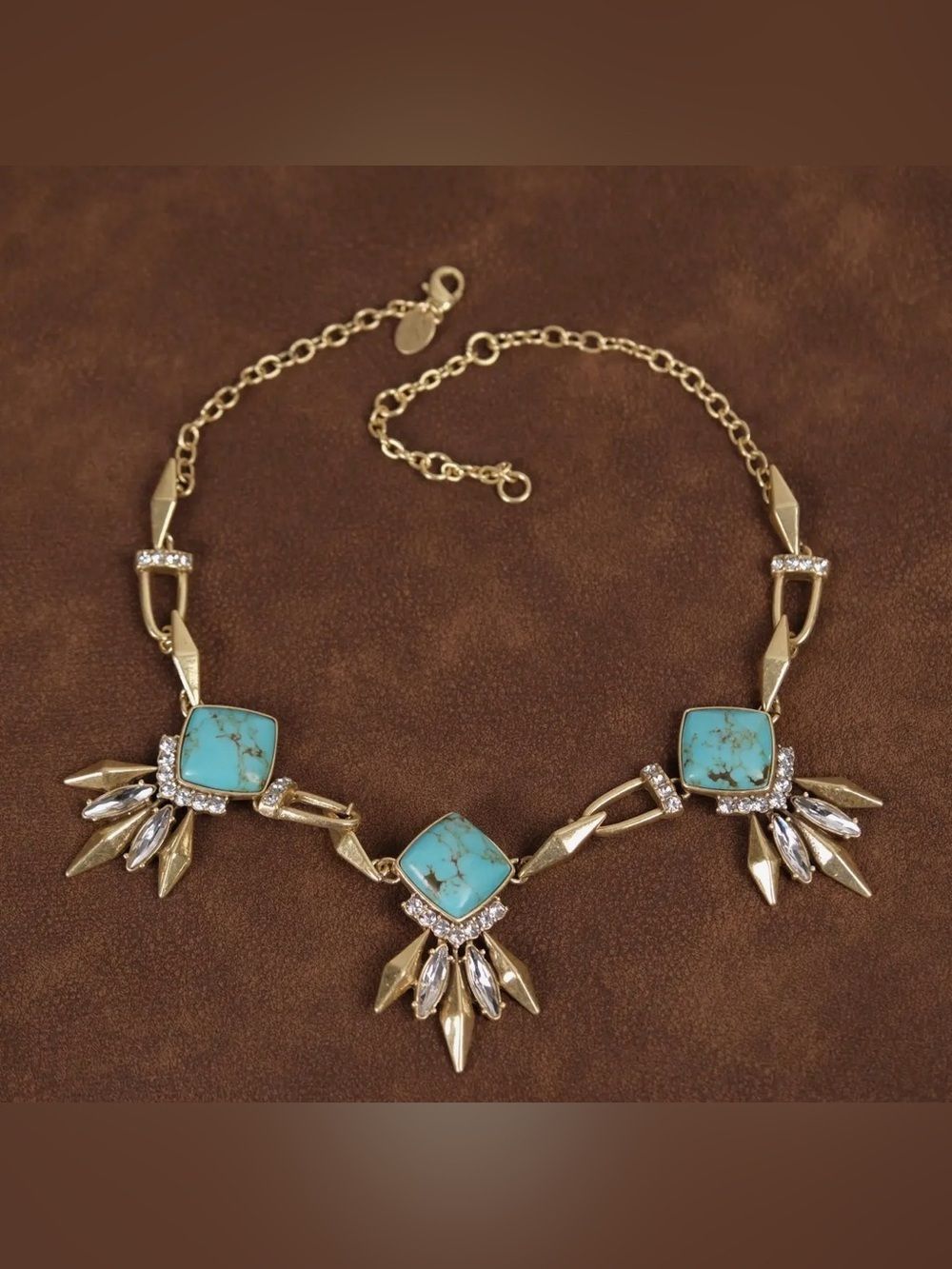 Gold-Tone Necklace with Turquoise Stone Accents. 18k Gold Plated